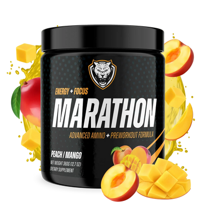 Container of 6AMRun Marathon Peach Mango endurance drink mix surrounded by fresh peaches and mango pieces, formulated with amino acids, electrolytes, and green tea extract to complement hydration and endurance training for active lifestyles.