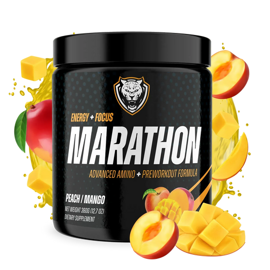 Container of 6AMRun Marathon Peach Mango endurance drink mix surrounded by fresh peaches and mango pieces, formulated with amino acids, electrolytes, and green tea extract to complement hydration and endurance training for active lifestyles.