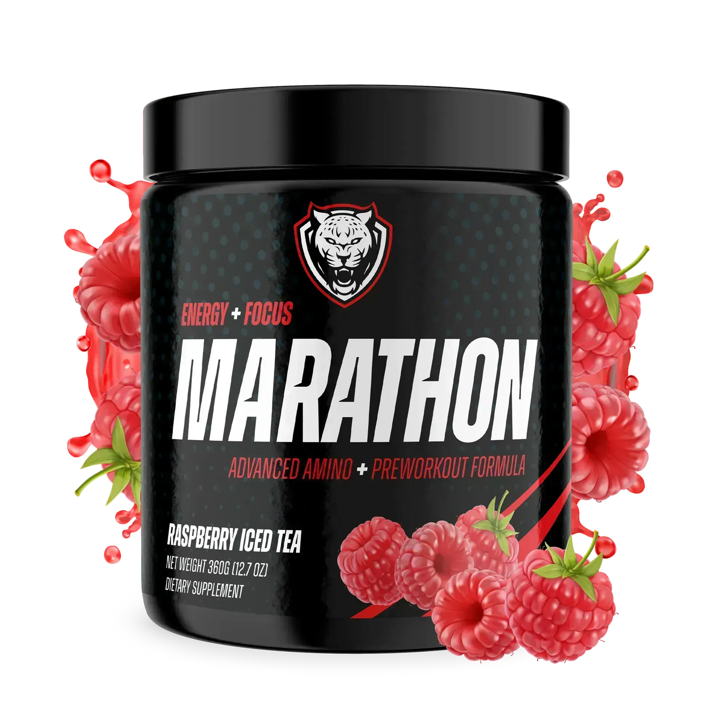 Container of 6AMRun Marathon Raspberry Iced Tea endurance drink mix surrounded by fresh raspberries, formulated with amino acids, electrolytes, and green tea extract to support hydration, endurance training, and active lifestyles.