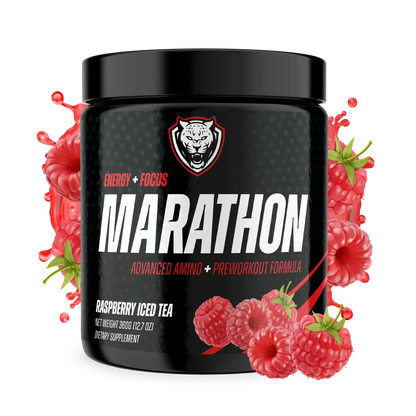 Container of 6AMRun Marathon Raspberry Iced Tea endurance drink mix surrounded by fresh raspberries, formulated with amino acids, electrolytes, and green tea extract to support hydration, endurance training, and active lifestyles.