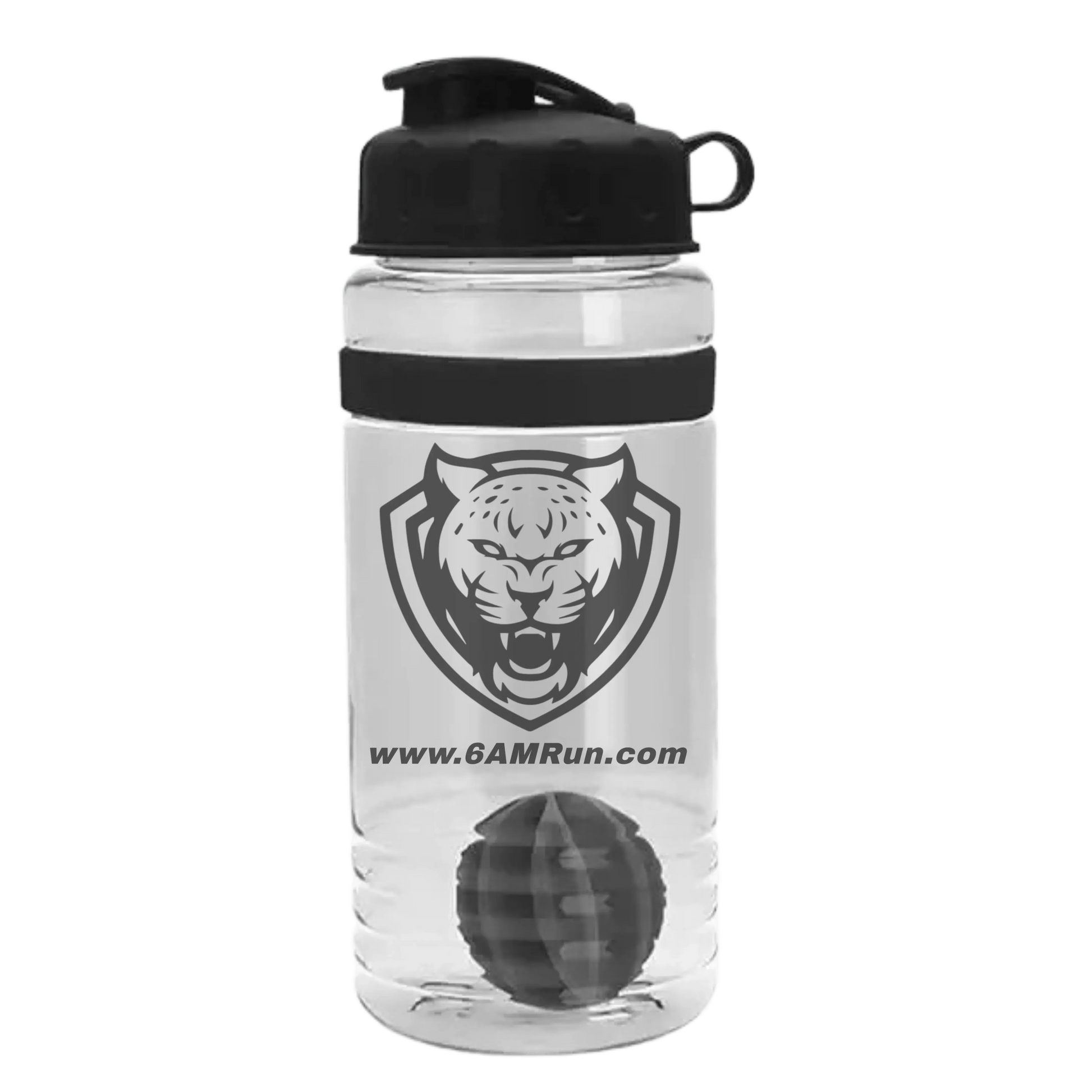 Clear 6AMRun matte plastic shaker bottle with a black screw-on lid, carry handle, and plastic mixing ball, designed for blending protein shakes, meal replacement drinks, hydration mixes, and nutritional supplements on the go.