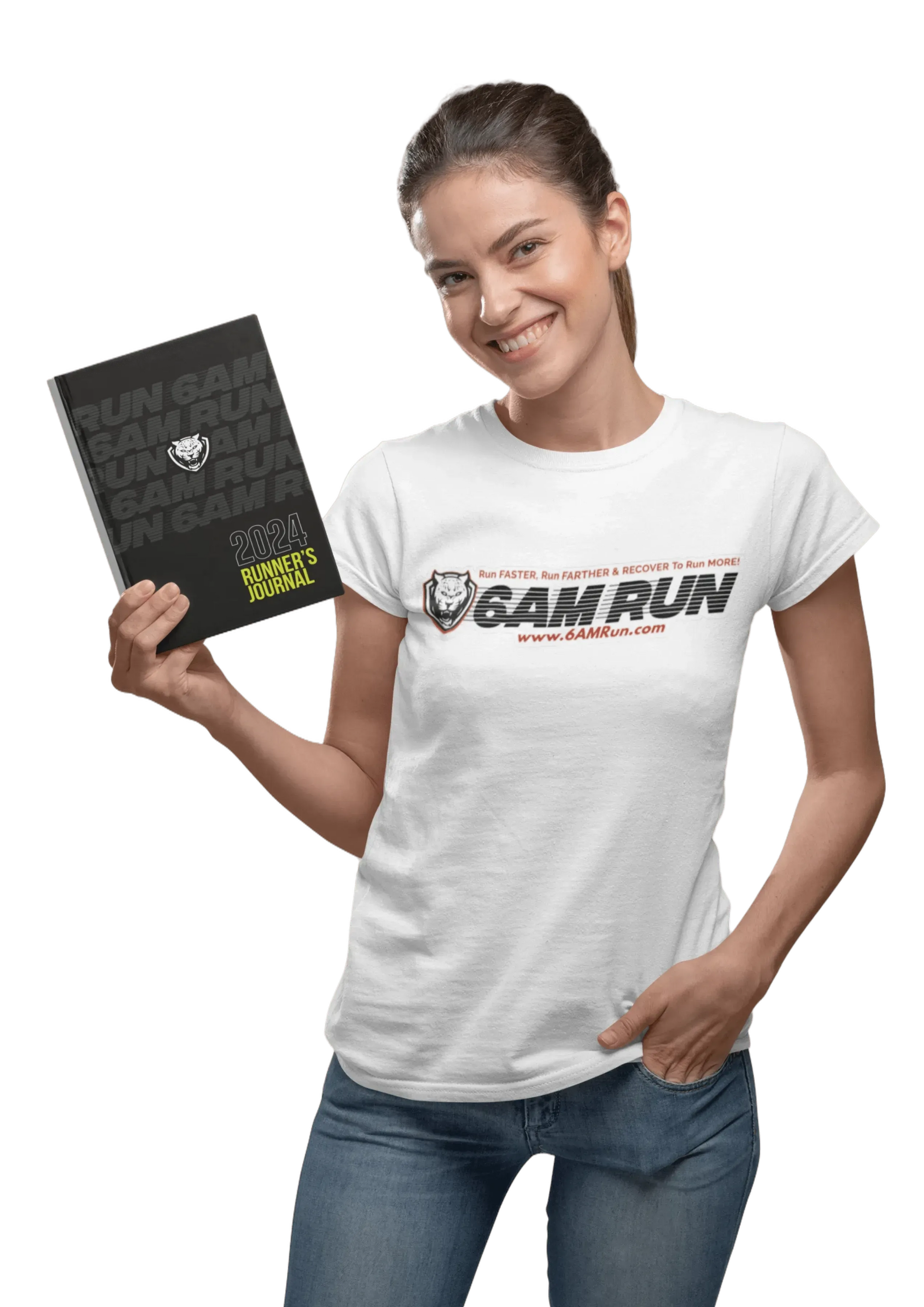 Smiling woman wearing a white 6AMRun T-shirt while holding the 6AMRun 52-Week Runner's Journal, showcasing the running journal and brand apparel for runners and fitness enthusiasts.