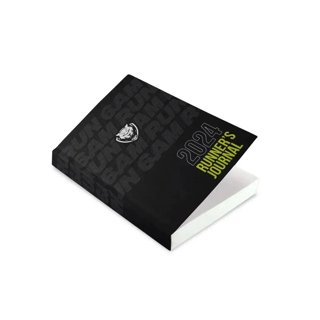 Black 6AMRun Runner's Journal featuring a modern 2024 cover, designed for tracking daily runs, training progress, race goals, mileage, and personal running achievements throughout the year.