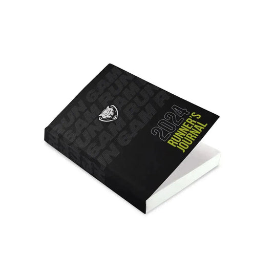 Black 6AMRun Runner's Journal featuring a modern 2024 cover, designed for tracking daily runs, training progress, race goals, mileage, and personal running achievements throughout the year.
