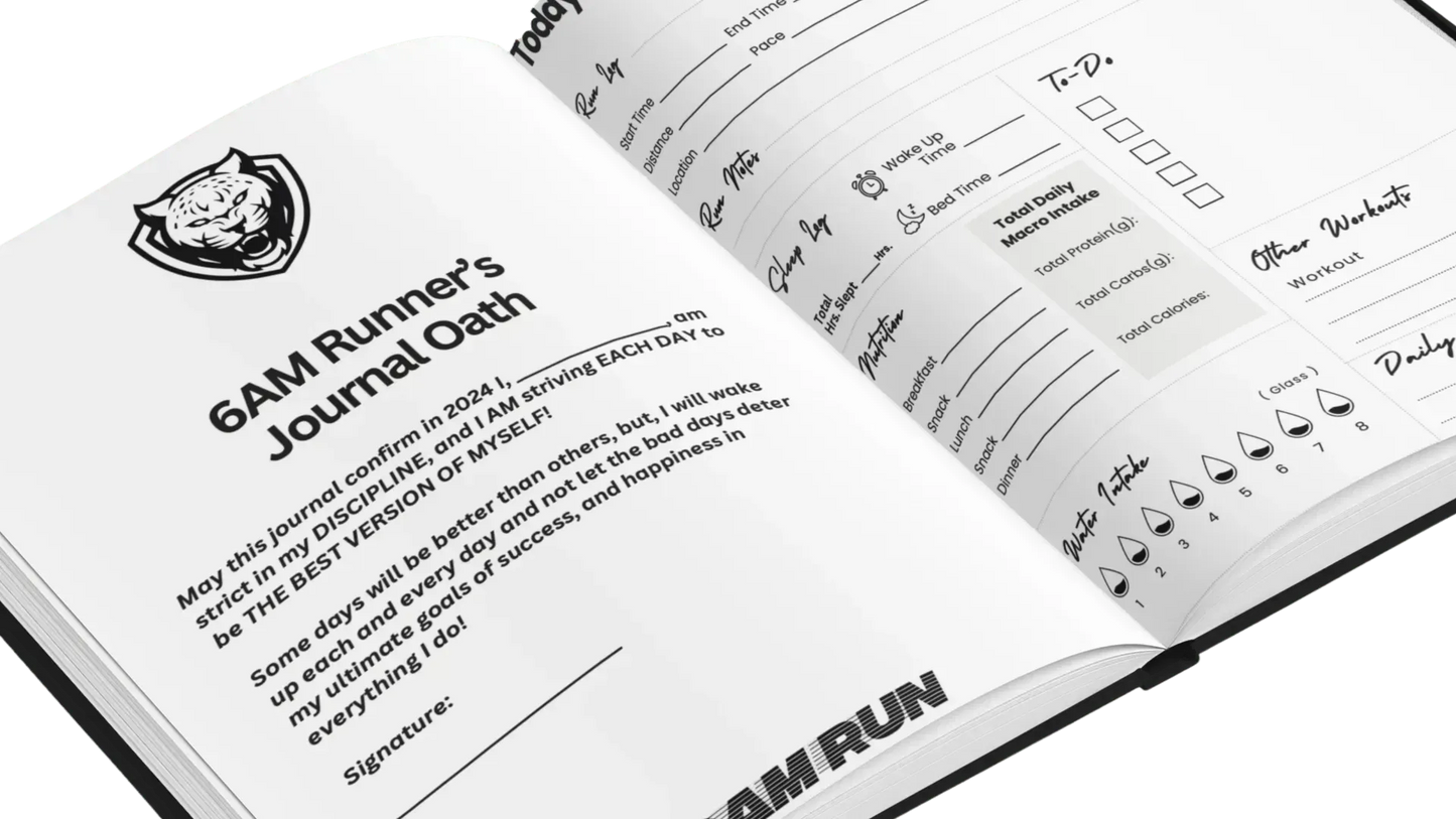 Open 6AMRun Runner's Journal displaying the Runner's Oath, daily workout tracker, nutrition log, hydration tracker, and training pages designed to help runners organize goals, workouts, and running progress.