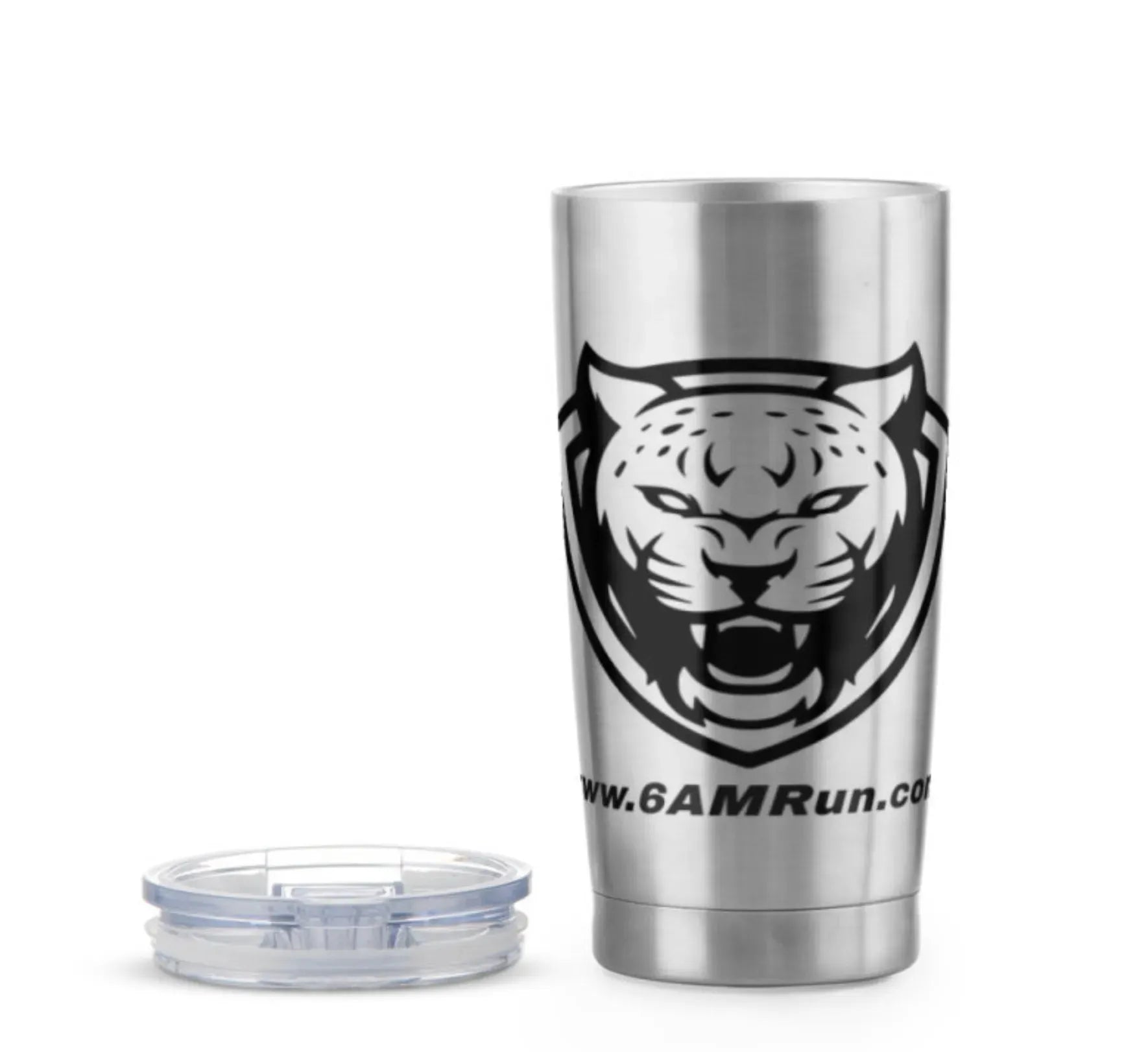 Stainless steel 6AMRun insulated tumbler with a clear lid, featuring the 6AMRun tiger logo, designed for hot or cold beverages at the gym, office, home, or while traveling.