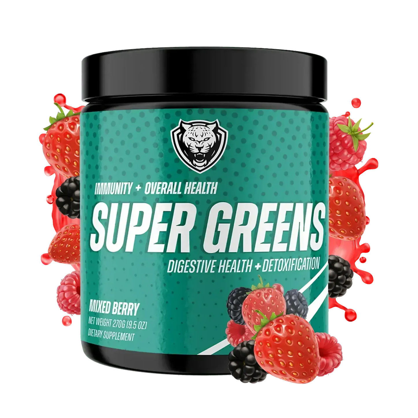 Container of 6AMRun Super Greens mixed berry powder surrounded by strawberries, raspberries, and blackberries, designed as a daily greens supplement that mixes easily into water or smoothies.