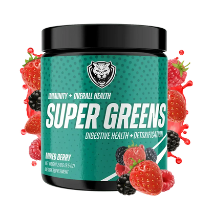 Container of 6AMRun Super Greens mixed berry powder surrounded by strawberries, raspberries, and blackberries, designed as a daily greens supplement that mixes easily into water or smoothies.
