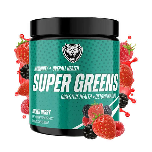 Container of 6AMRun Super Greens mixed berry powder surrounded by strawberries, raspberries, and blackberries, designed as a daily greens supplement that mixes easily into water or smoothies.