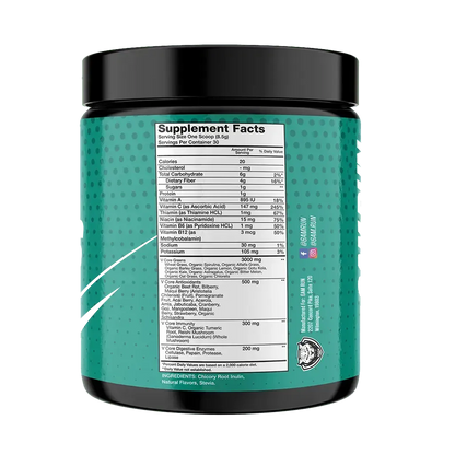 Back label of the 6AMRun Super Greens mixed berry powder container displaying the Supplement Facts panel, ingredients, serving size, nutrition information, and directions for use on the daily greens supplement.