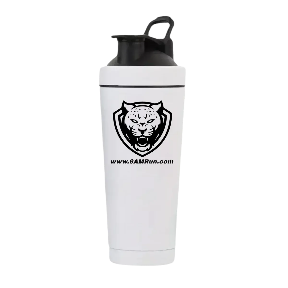 White 6AMRun stainless steel shaker bottle with a black flip-top lid and carrying loop, featuring the 6AMRun tiger logo, designed for mixing protein shakes, hydration drinks, meal replacement beverages, and nutritional supplements.