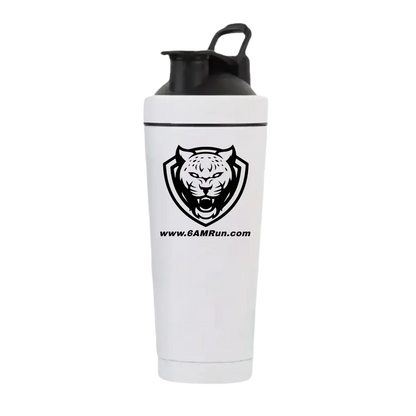 White 6AMRun stainless steel shaker bottle with a black flip-top lid and carrying loop, featuring the 6AMRun tiger logo, designed for mixing protein shakes, hydration drinks, meal replacement beverages, and nutritional supplements.