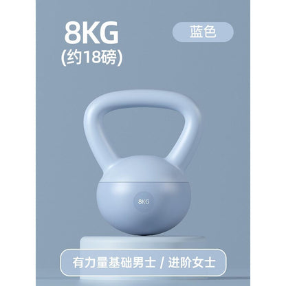 Blue 8 kg (18 lb) soft adjustable kettlebell with an ergonomic handle and sand-filled construction, designed for home strength training, kettlebell swings, squats, lunges, functional fitness, HIIT workouts, and full-body conditioning.