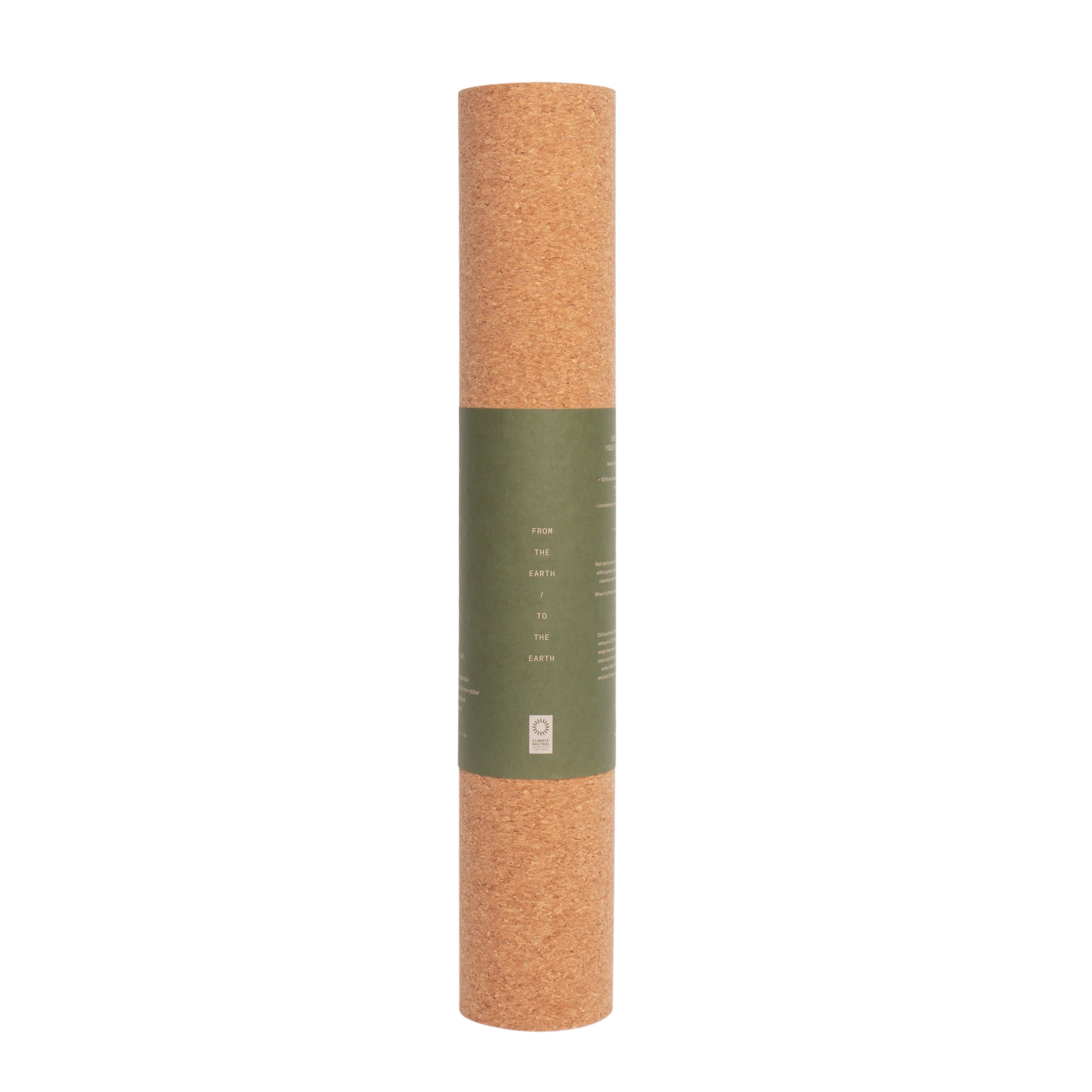 Rolled Ananday cork yoga mat shown from the back with a natural cork exterior and olive green branded wrap, highlighting its lightweight, portable design for yoga, Pilates, stretching, and fitness practice.