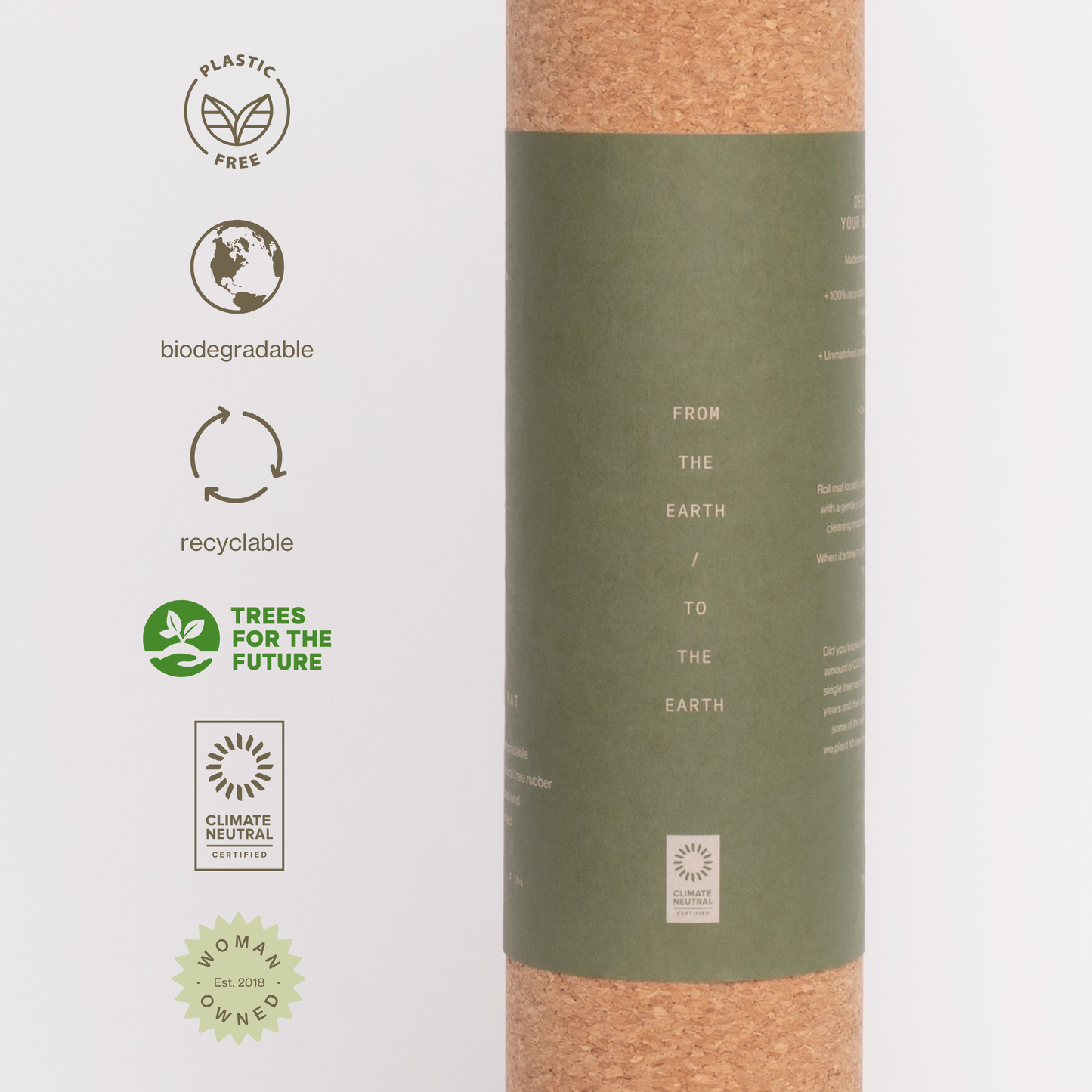 Close-up of the Ananday cork yoga mat with eco-friendly packaging highlighting biodegradable, recyclable, plastic-free materials and sustainability certifications for environmentally conscious yoga practice.