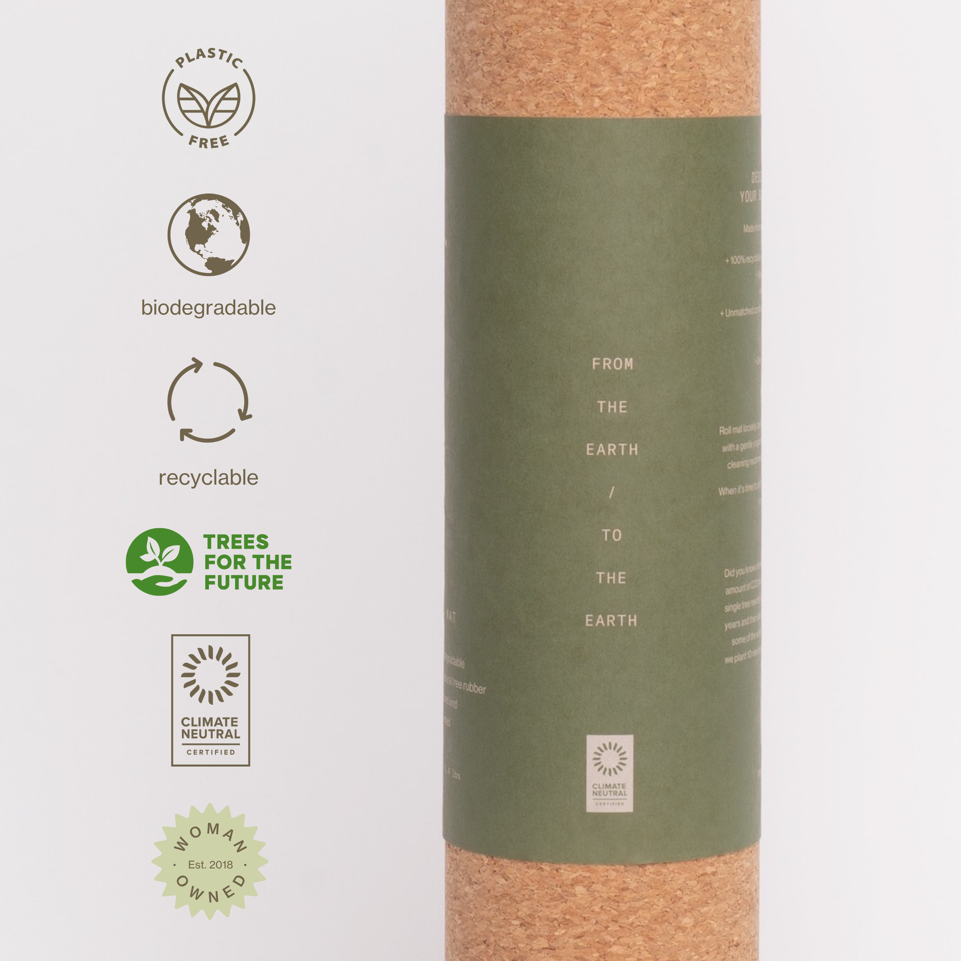 Close-up of the Ananday cork yoga mat with eco-friendly packaging highlighting biodegradable, recyclable, plastic-free materials and sustainability certifications for environmentally conscious yoga practice.