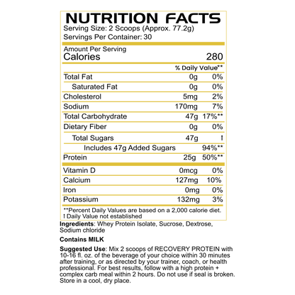 Nutrition Facts label for BLACKLABEL Recovery Protein Sweet Cream whey protein powder with carbohydrates, showing serving size, calories, protein, carbohydrates, vitamins, minerals, and supplement information.