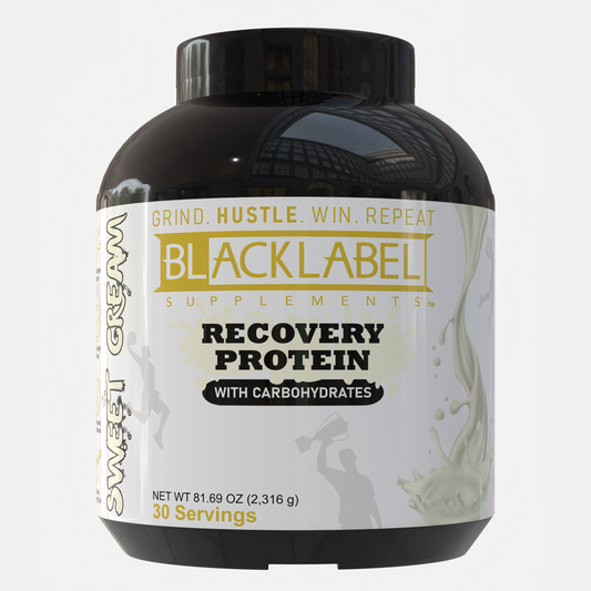 BLACKLABEL Recovery Protein Powder container featuring Sweet Cream whey protein with carbohydrates, 30 servings, white label with black and gold design on a white background.