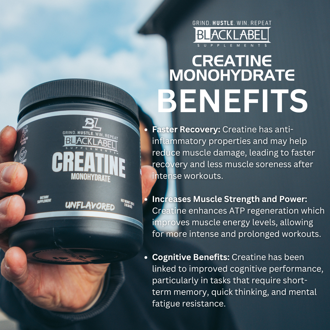 Person holding a Black Label Creatine Monohydrate container with text about its benefits.