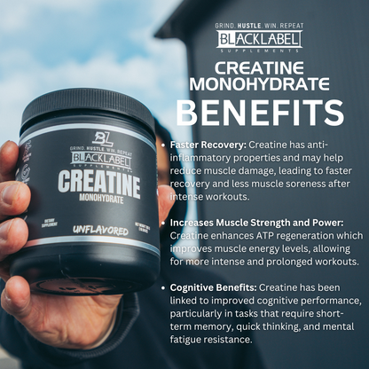Person holding a Black Label Creatine Monohydrate container with text about its benefits.