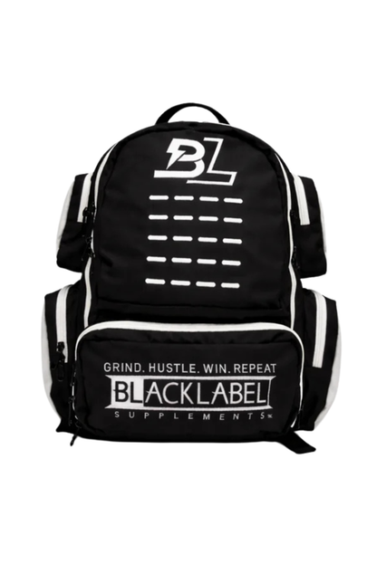 Front view of the BlackLabel 26L tactical backpack featuring multiple zippered compartments, durable construction, padded carry handle, and spacious storage on a white background.