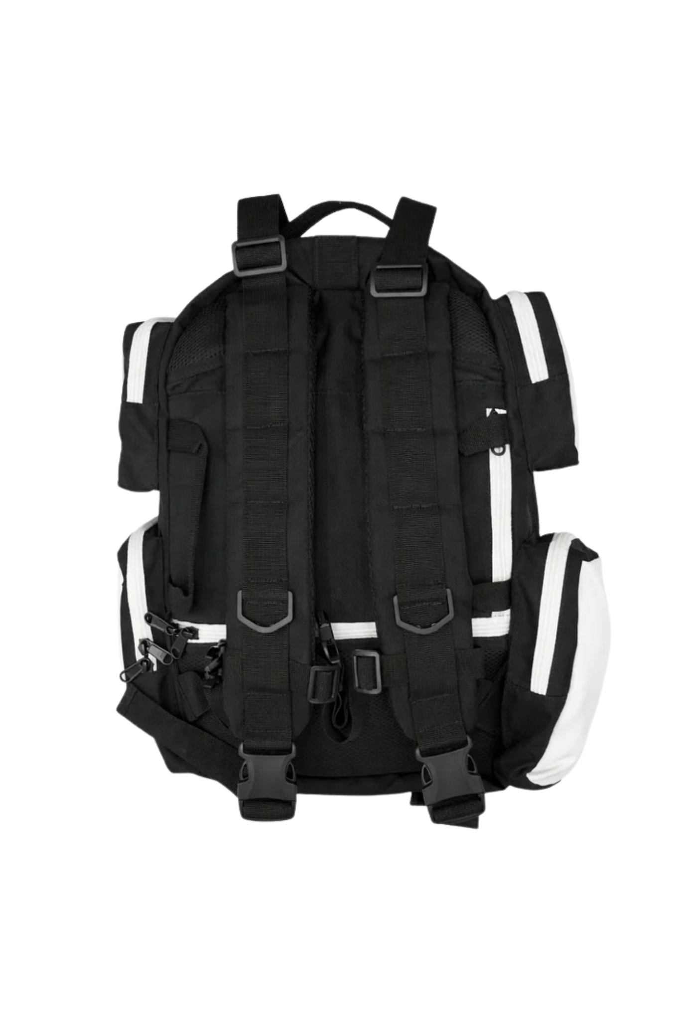 Rear view of the BlackLabel 26L tactical backpack featuring padded adjustable shoulder straps, reinforced carry handle, and ergonomic back panel on a white background.