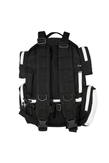Rear view of the BlackLabel 26L tactical backpack featuring padded adjustable shoulder straps, reinforced carry handle, and ergonomic back panel on a white background.