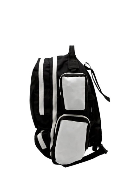 Side view of the BlackLabel 26L tactical backpack featuring dual zippered side compartments, durable Cordura® nylon construction, and spacious storage on a white background.