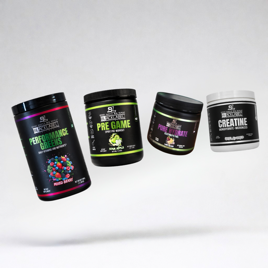 Collection of BlackLabel Sports Nutrition supplements including Performance Greens, Pre Game, Pure Hydrate, and Creatine containers displayed on a clean white background.