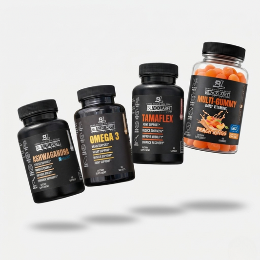 Collection of BlackLabel wellness supplements featuring Ashwagandha, Omega-3, TamaFlex Joint Support, and Peach Rings Multi-Gummy Daily Vitamins displayed together on a clean white background.
