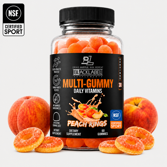 BlackLabel Multi-Gummy Daily Vitamins in Peach Rings flavor with peach gummies and fresh peaches displayed on a clean white background alongside the supplement bottle.
