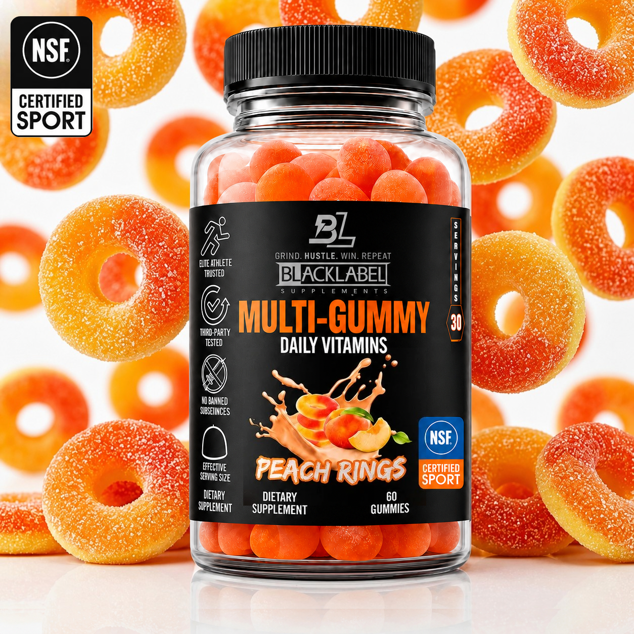 BlackLabel Multi-Gummy Daily Vitamins in Peach Rings flavor displayed in front of colorful peach ring gummies with NSF Certified for Sport logo on a bright white background.