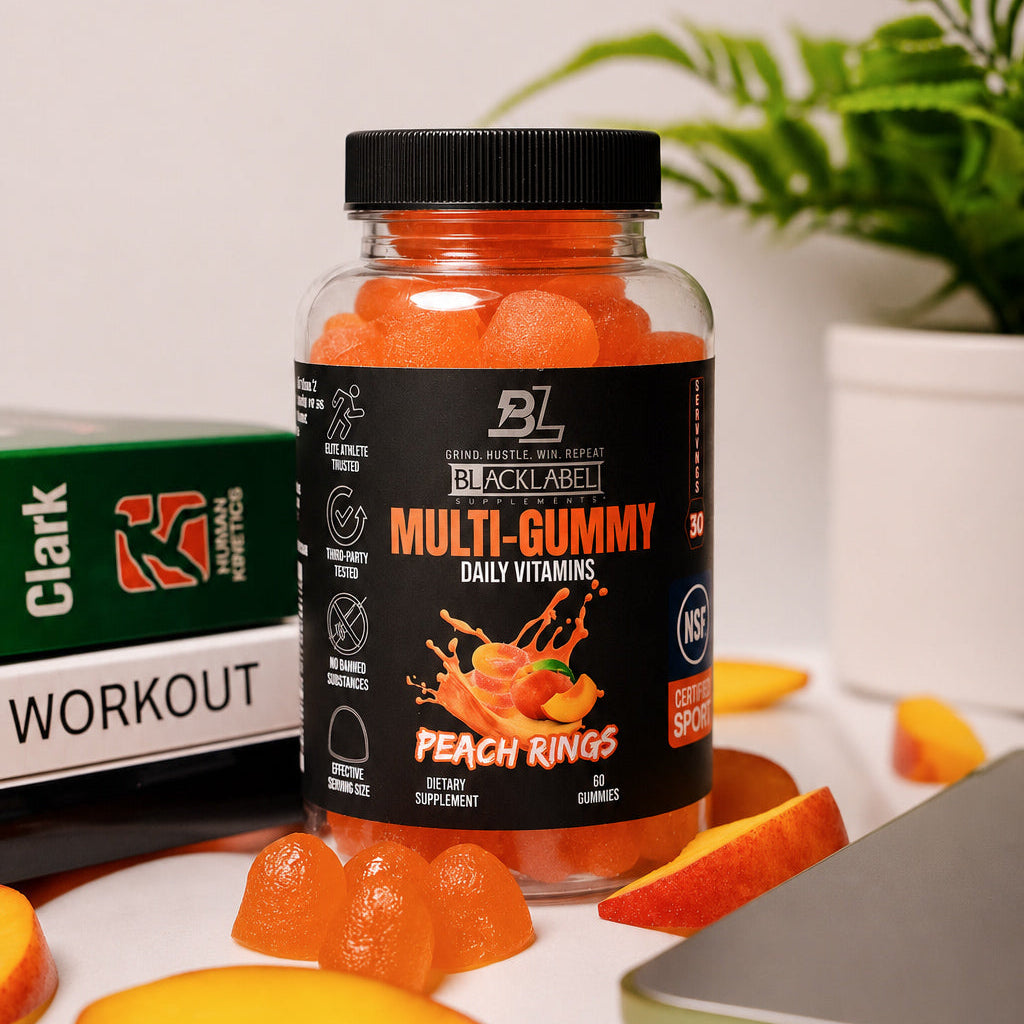 Bottle of BlackLabel Multi-Gummy Daily Vitamins in Peach Rings flavor displayed on a desk with fresh peach slices, fitness books, a laptop, and a potted plant, highlighting a healthy everyday wellness routine.