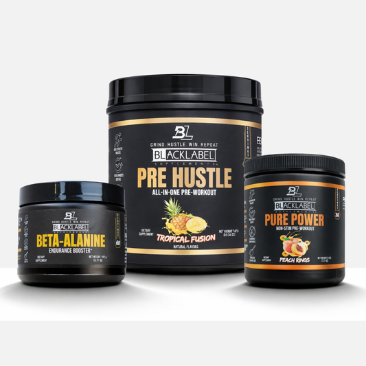 Three BlackLabel performance supplements displayed on a white background, including Pre Hustle Tropical Fusion pre-workout, Beta-Alanine endurance booster, and Pure Power non-stim pre-workout for strength and workout performance.