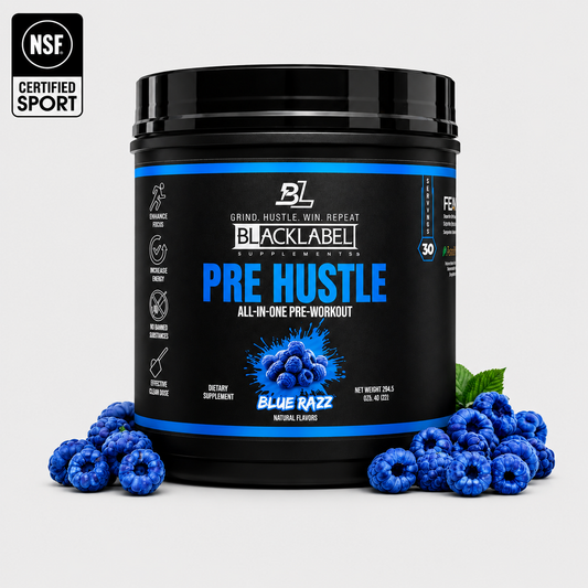 Container of BlackLabel Pre Hustle Blue Razz pre-workout supplement displayed with fresh blue raspberries on a light background, featuring NSF Certified for Sport branding.