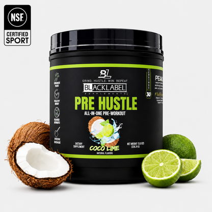 Container of BlackLabel Pre Hustle Coco Lime pre-workout supplement displayed with fresh coconut and sliced limes on a white background, featuring NSF Certified for Sport certification.