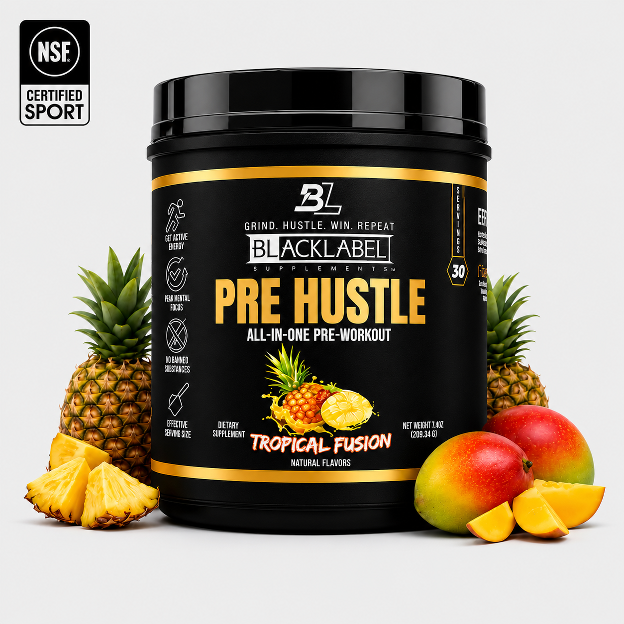 Container of BlackLabel Pre Hustle Tropical Fusion pre-workout supplement displayed with fresh pineapple and mango on a light background, featuring NSF Certified for Sport certification.