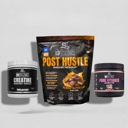 BlackLabel recovery supplement stack featuring Creatine Monohydrate, Post Hustle whey protein isolate in Peanut Butter Cup flavor, and Pure Hydrate electrolyte drink mix displayed on a clean white background for muscle recovery, hydration, and workout performance.
