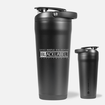 Front and back views of a black 24 oz insulated stainless steel shaker bottle with BLACKLABEL Supplements logo, secure flip lid, and built-in carry handle on a white background.