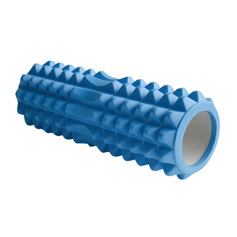 Blue high-density textured foam roller with a multi-zone massage surface, designed for muscle massage, stretching, yoga, Pilates, exercise recovery, and fitness training, displayed on a white background.