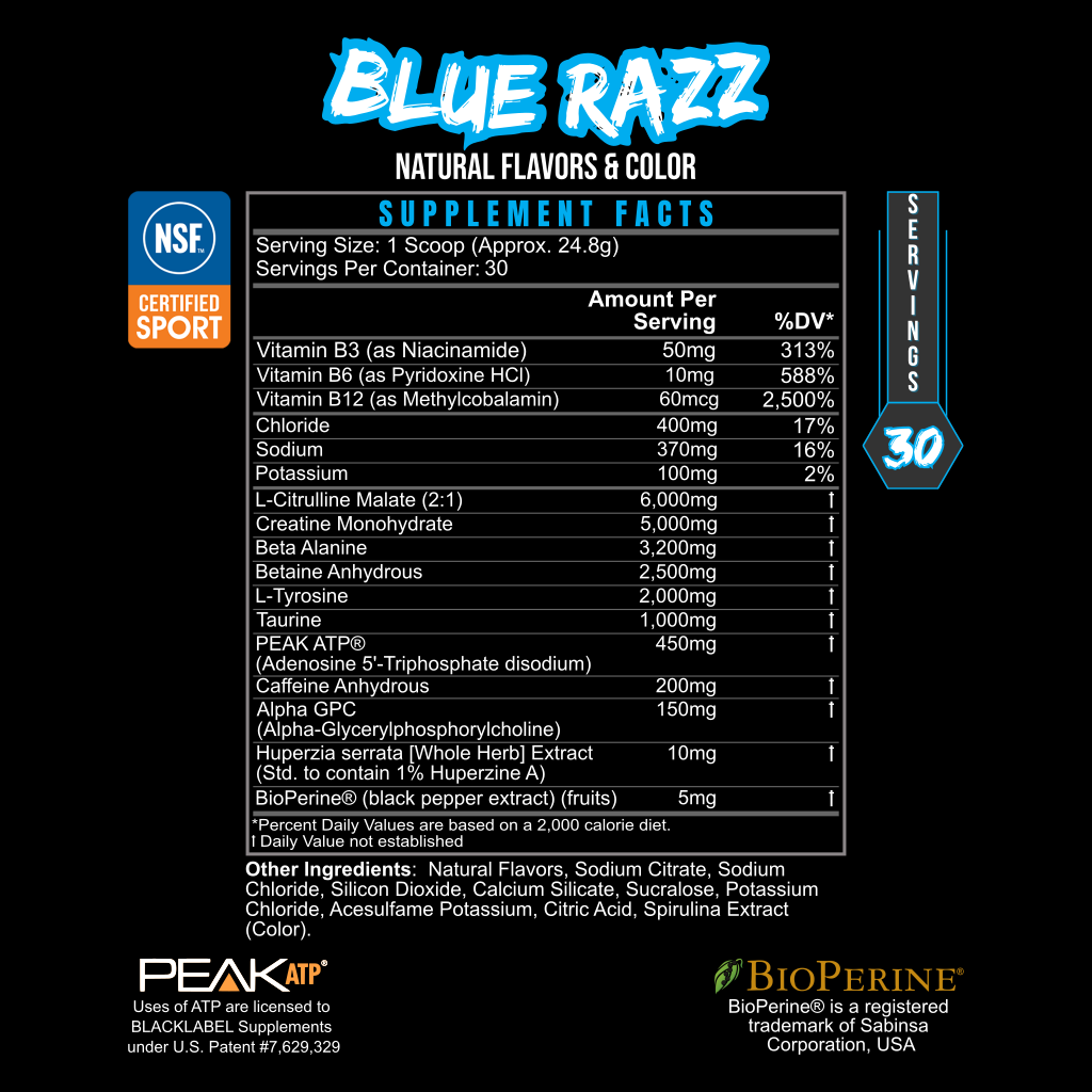 Supplement Facts panel for BlackLabel Pre Hustle Blue Razz pre-workout powder, displaying serving size, ingredients, nutrition information, and NSF Certified for Sport certification on a black background.