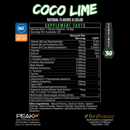 Supplement Facts panel for BlackLabel Pre Hustle Coco Lime pre-workout powder, featuring serving size, ingredient list, nutrition information, NSF Certified for Sport logo, and BioPerine branding on a black background.