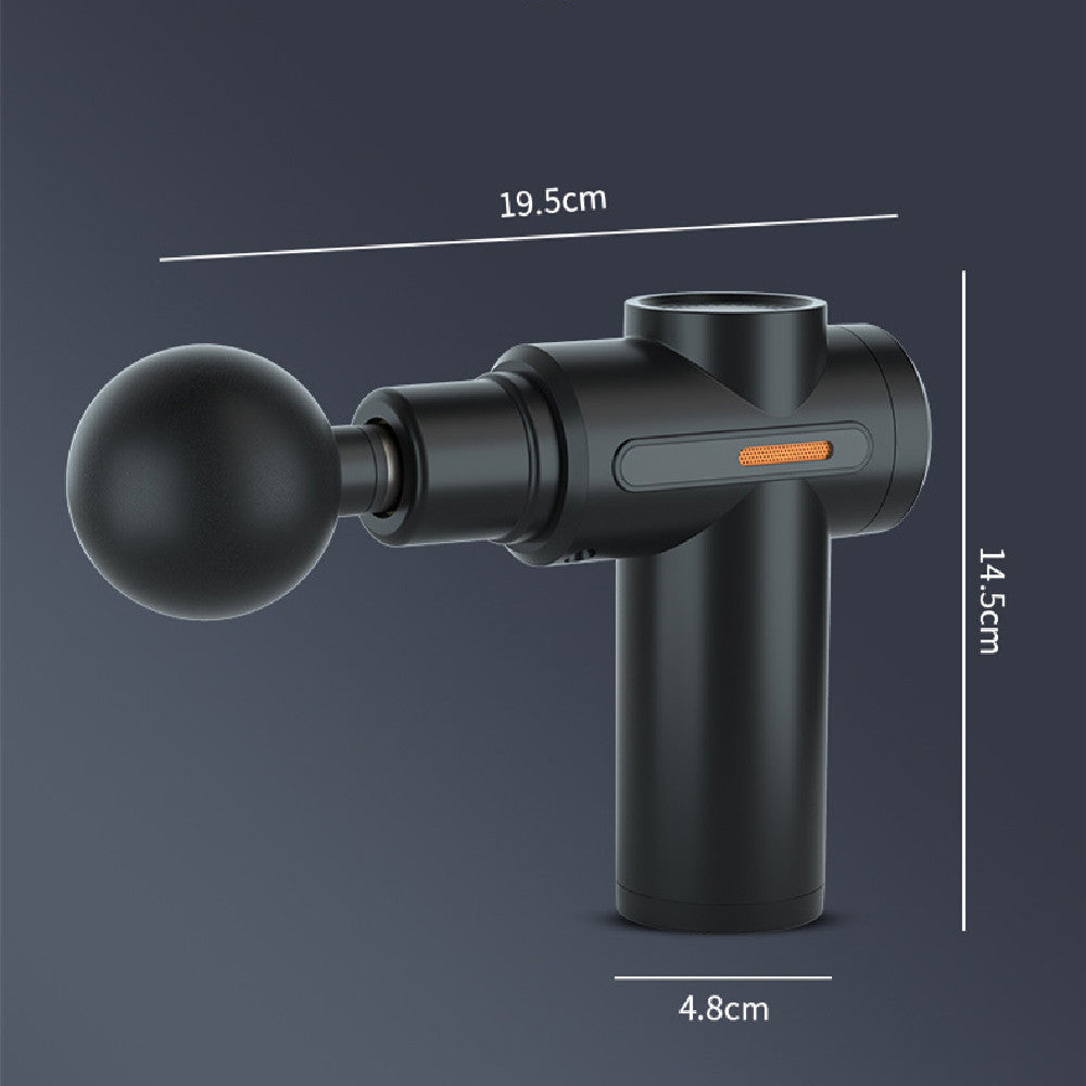 Compact black cordless percussion massage gun with round massage head and labeled dimensions, featuring an ergonomic handheld design for portable muscle massage and everyday wellness.