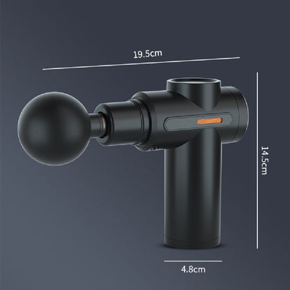 Compact black cordless percussion massage gun with round massage head and labeled dimensions, featuring an ergonomic handheld design for portable muscle massage and everyday wellness.