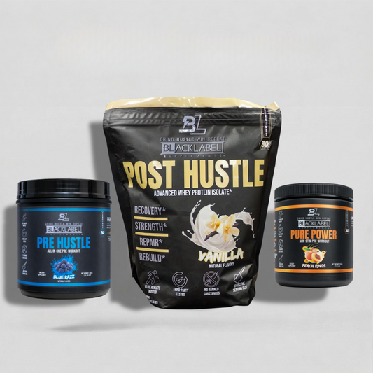 Black Label Pre Hustle, Post Hustle, and Pure Power protein products on a gray background