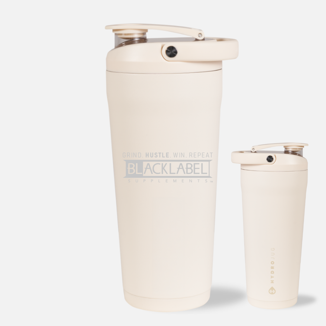 Front and back views of a cream 24 oz insulated stainless steel shaker bottle with BLACKLABEL Supplements logo, leak-resistant flip lid, and built-in carry handle on a white background.