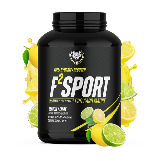 Black F2 Sport Pro Carb Matrix supplement container with lemon and lime graphics, featuring a carbohydrate and electrolyte endurance formula on a white background.