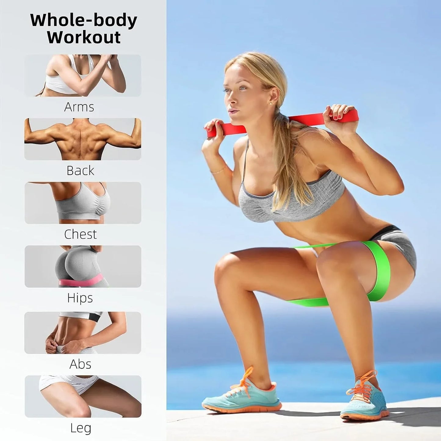 Woman performing a squat with color-coded resistance loop bands around her thighs and shoulders, demonstrating a full-body workout targeting the arms, back, chest, hips, core, and legs for strength, mobility, and fitness training.
