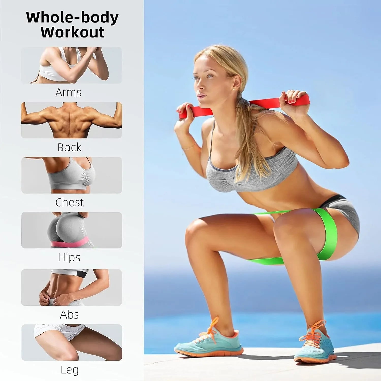 Woman performing a squat with color-coded resistance loop bands around her thighs and shoulders, demonstrating a full-body workout targeting the arms, back, chest, hips, core, and legs for strength, mobility, and fitness training.