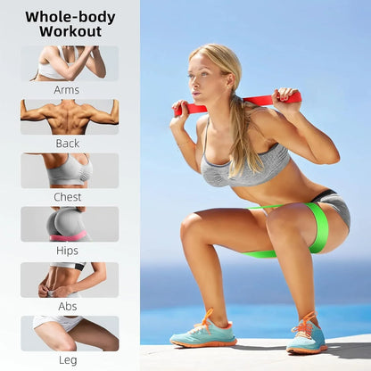 Woman performing a squat with color-coded resistance loop bands around her thighs and shoulders, demonstrating a full-body workout targeting the arms, back, chest, hips, core, and legs for strength, mobility, and fitness training.